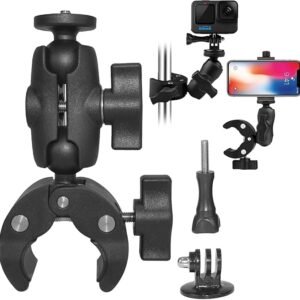 Action Camera Handlebar Mount with 360° Dual Ball Head | Super Clamp for Go Pro, Insta 360, Mobile, Bike, Motorcycle – Universal Quick Release Bracket for Camera & Accessories.