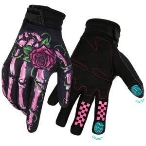 Riding Gloves for Bikers Motorcycle, Unisex, Touch-Screen Anti-Slip Palm Compatible Fingertips Design, Bike Accessories, Stylish Punk Gothic Rose Printed, Gloves for Protection, Washable