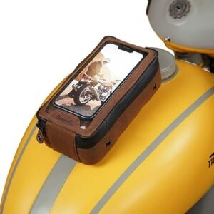 Navigator Magnetic Motorcycle Tank Pouch with Touch-Friendly Phone Holder | Anti Slip Maps Navigation Pouch Compatible with Royal Enfield, Honda, Bajaj, TVS, Jawa, Triumph - Brown & Tobacco