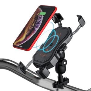 Motorcycle Phone Mount, 15W Wireless Charging, Waterproof, Quick Charge 3.0, 22-32mm Handlebar Mount, Fits 3.5-6.5 inch Phones