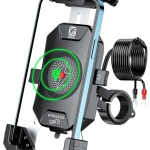 Motorcycle Phone Mount with USB C & Wireless Charger, One-Hand Operation Motorcycle Phone Holder with Aluminum Alloy Handlebar Mounting Base Fit 4'' - 7'' Cellphones, IP66 Waterproof